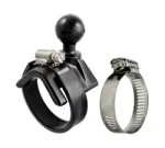 Adjustable mounting clamp with a black ball knob and two metal hose clamps, used to secure a cylindrical object.