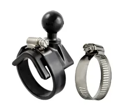 Adjustable mounting clamp with a black ball knob and two metal hose clamps, used to secure a cylindrical object.