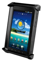 Rugged black Android smartphone in a heavy-duty case resting in a docking cradle, showing beach wallpaper and app icons on screen
