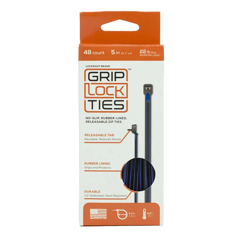 GripLockTies – Releasable 12" Black Nylon – Blue Rubber – Box Of 24