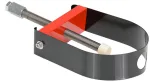 Adjustable metal strap clamp with a red triangular support, tightened by a long screw to hold materials in place during work.