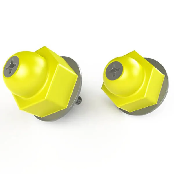Two yellow plastic knobs with hexagonal bases and threaded studs, shown from above against a white background on gray disks.
