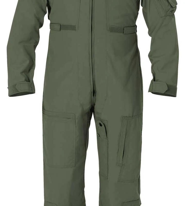 Olive green utility coverall/jumpsuit with front zipper, multiple pockets and cuffed sleeves.